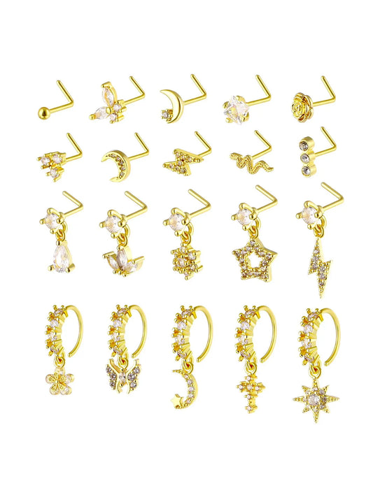 8/10/20 Pieces 20g Dangle Nose Ring, Nose Rings L Shaped, L-Shaped Hanging Stud, Stainless Steel, Cz Flower Pendant, Women's Nose Jewelry, All Seasons