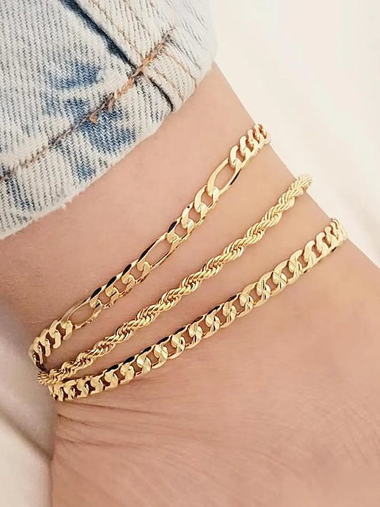 3-Piece Anklet Set: Flat Snake Chain, Fried Dough Twist Chain, and Twisted Chain — Stylish Beach & Vacation Foot Jewelry, Fashionable Jewelry for Women, Summer Jewelry, Fashion Accessories, Jewellery, Fashionable Accessory