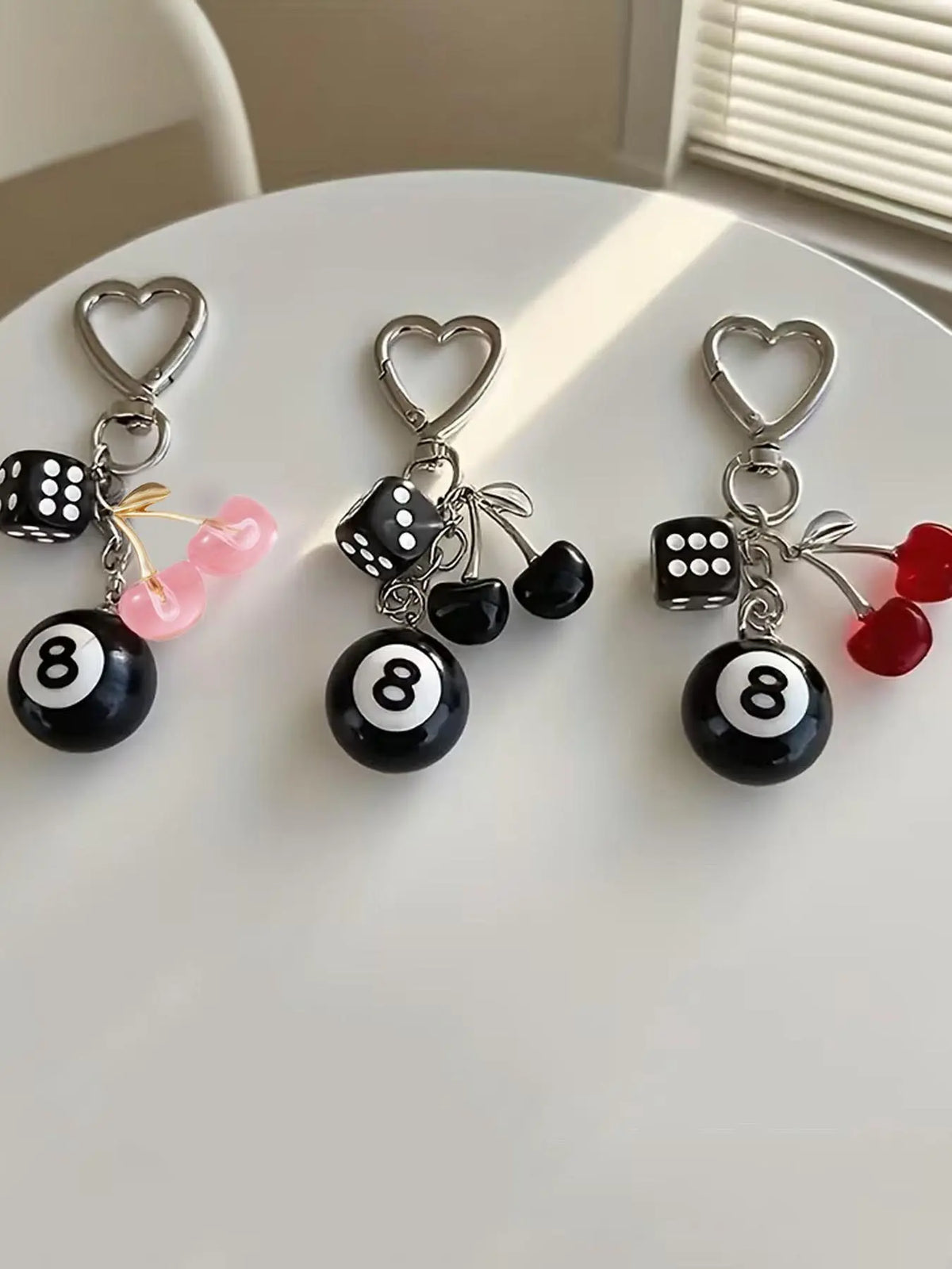 American Retro Y2K Black Dice & Eight Billiard Ball & Cherry Pendant Keychain Charms, Suitable for Decorating Keys, Bags and Earphone Cases, Accessory for Going Out and Dating, Key Accessories