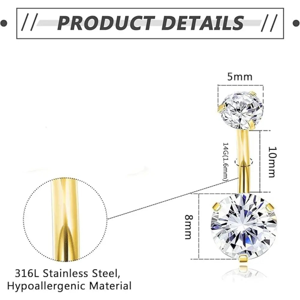 Women's 8-Piece Dangling Belly Button Rings Set, 14G 10mm Surgical Stainless Steel Navel Piercings with Flower/Heart Designs, Nickel-Free Non-Tarnish Cute Piercing Jewelry, 8pcs Style Mix Funky Unique Accessories, Lead‑Free Steel