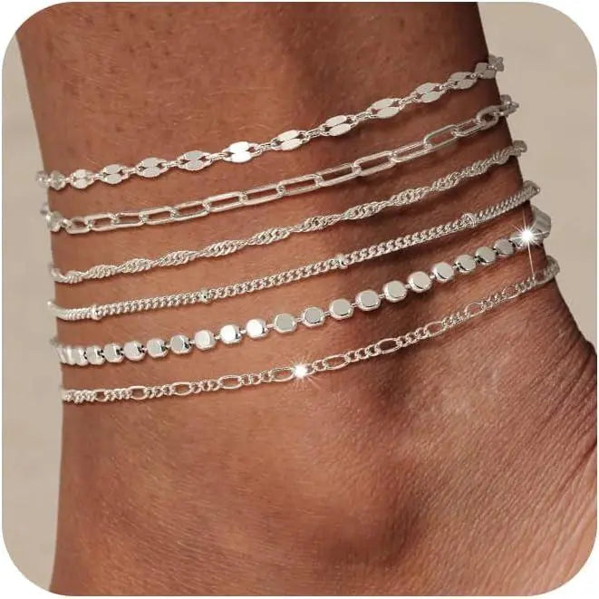 FREEKISS Waterproof Ankle Bracelets For Women 6PCS Thiny Herringbone Box Paperclip Bead Figaro Cuban Link Anklet Set Dainty Jewelry For Women Cute Summer Beach Jewelry Chains Beaded anklet Layers Textured