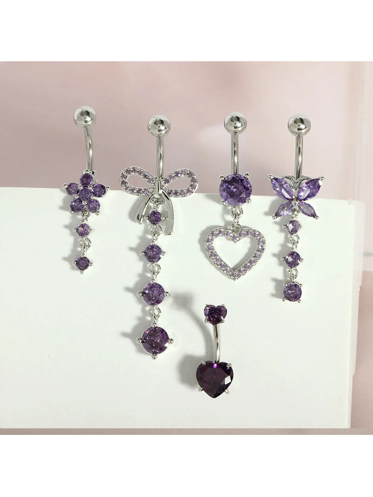 5 Styles Cubic Zirconia Dangle Belly Rings Kit, Hypoallergenic 316L Surgical Steel Long Drop Heart Hollow Heart Floral Butterfly Bow Navel Piercing Jewelry, Women Cute Body Belly Button Piercing Accessories For Women Body Jewellery