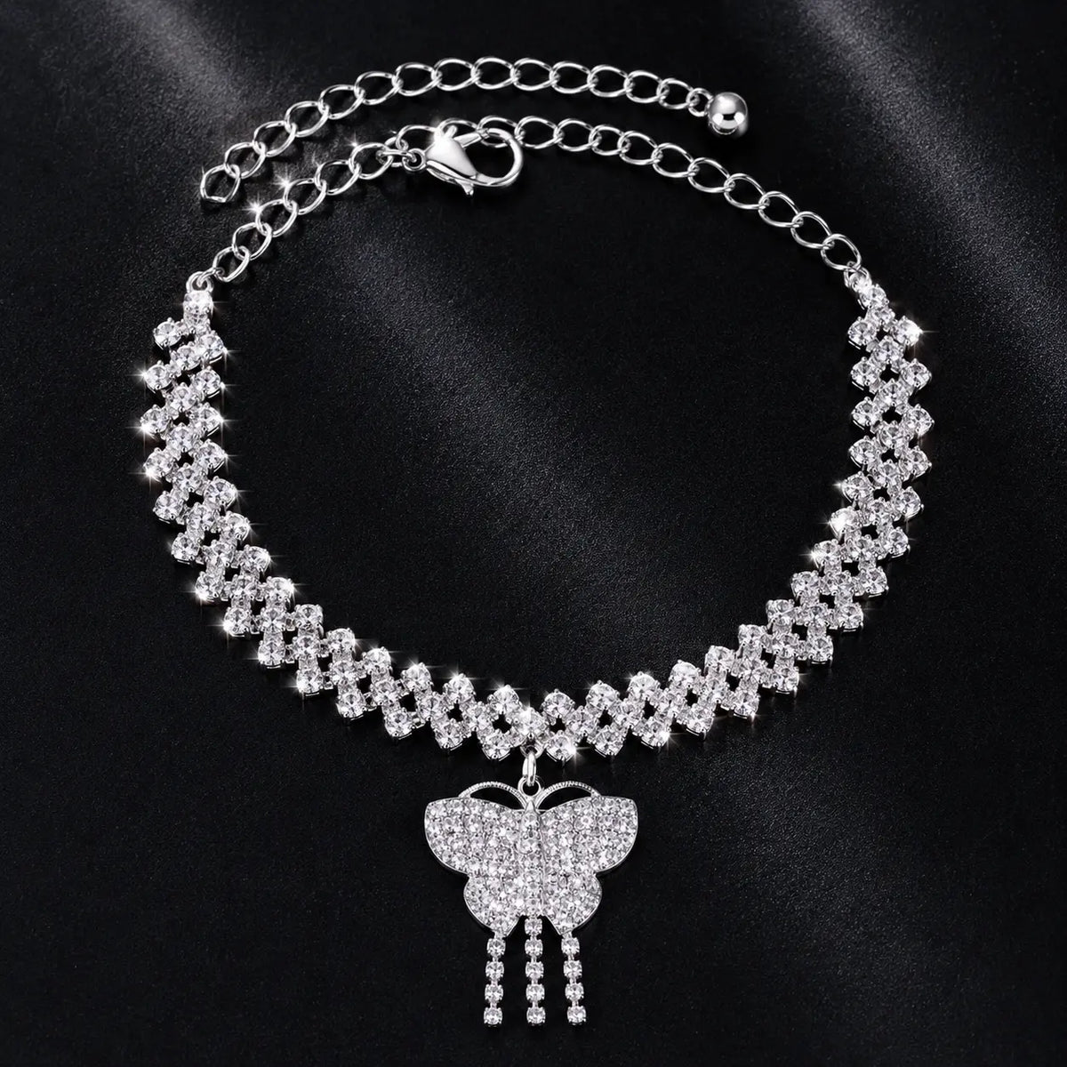 Women's 2-Piece Sparkling Claw Chain Jewelry Set - Female Bracelet & Anklet with Butterfly Charm, Bow Accent, Metal Coating (Gold, Silvery), Date-Night Glam for Engagement & Beach Parties, Arm Candy