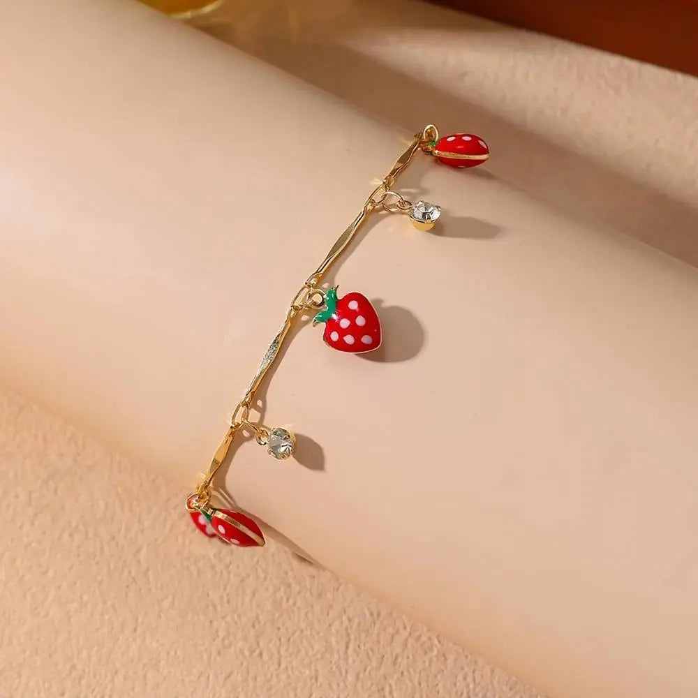 Women's Stainless Steel Bohemian Minimalist Chain Jewelry Anklet - Non-Customized Synthetic Strawberry Red Drip-Glaze Glass Pendant, Geometric Alloy Chain with Metal Coating, Casual Beach Vacation Gift