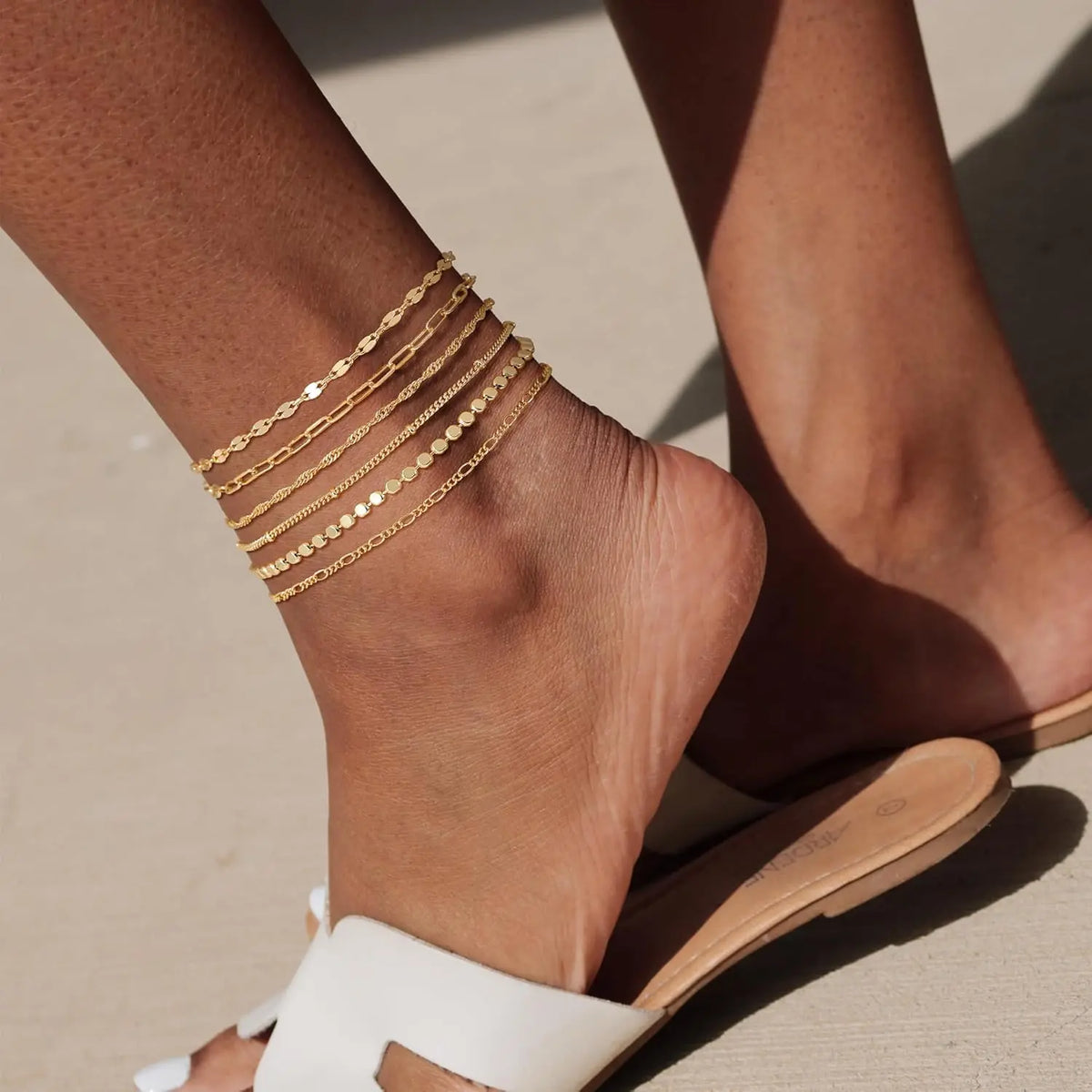 FREEKISS Waterproof Ankle Bracelets For Women 6PCS Thiny Herringbone Box Paperclip Bead Figaro Cuban Link Anklet Set Dainty Jewelry For Women Cute Summer Beach Jewelry Chains Beaded anklet Layers Textured