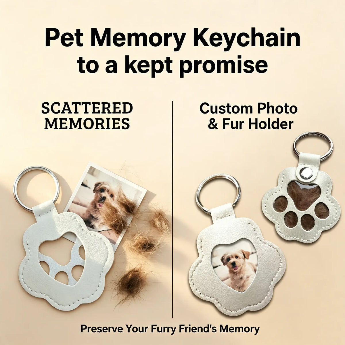 Small Pet Memorial 2-in-1 Leather Fur Holder Charm - Handmade Heart Keychain, Buckle, Durable Lightweight The Memory Keeper with Photo Slot for Cat/Dog Fur Lovers (Everyday Commemorative Gift)