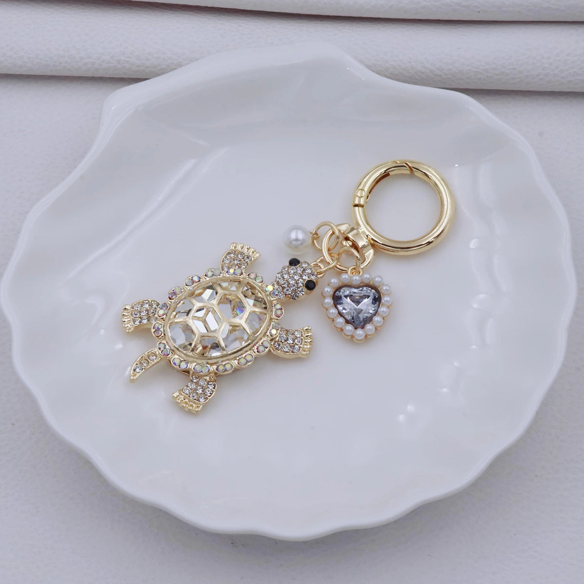 Women's Enameled Metal Cutecore Ocean Theme Charm Keychain - Kawaii Turtle Accessory with Pearl Accents, Bag Chain, Summer Beach Outfit Accent, Gifts for Women, Beachy Gift Idea