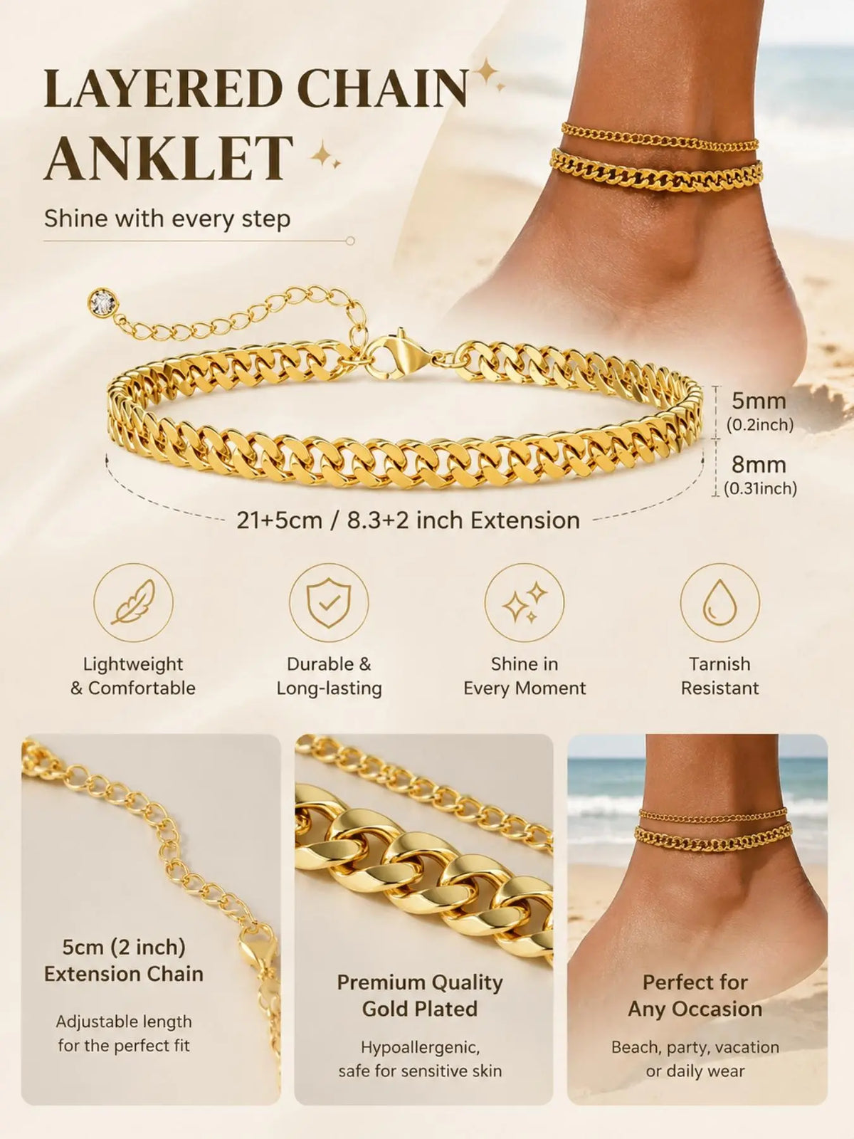 2026 New Double Layer Cuban Link Anklet for Women, Gold/Silver Waterproof Beach Foot Jewelry, Minimalist Chain Anklet for Summer Daily & Vacation Wear, Trendy Fashionable Accessories, Wearable Jewelry, Fashion Jewelry