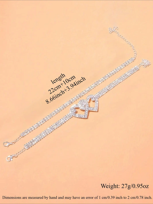 Elegant Rhinestone Heart Dainty Layered Anklet Set, Sparkling Water Diamond Design, Perfect for Women's Evening Parties & Casual Wear, Fashion Jewelry Accessory, Wearable Jewelry, Trendy Jewelry, Fashionable Accessories