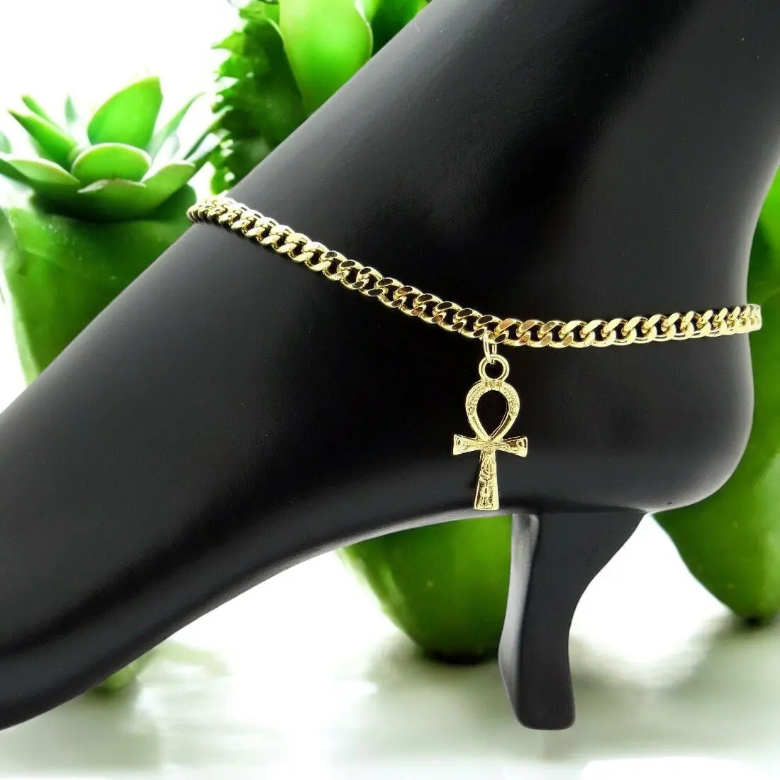 MaxBling81 Women's Nefertiti Egyptian Cross Ankh Logo Female Anklet - 4mm 10" Gold-Plated Cuban Chain, Polished Finish, Metal Coating, Goddess Aesthetic Casual Fashion Jewelry Accessory