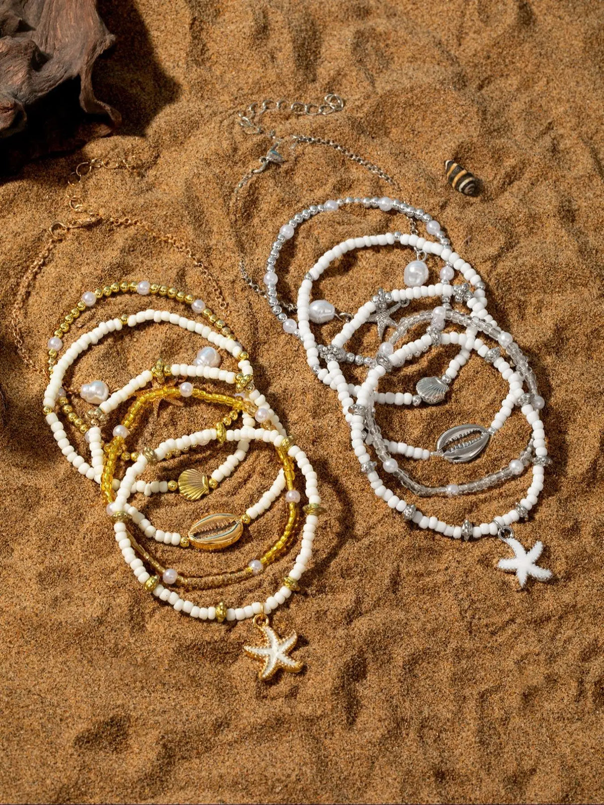 6 Pcs Bohemian Beach Style Enamel Starfish Rice Bead Anklets, Multi-layered Shell Beaded Jewelry Anklets for Casual and Vacation Wear, Boho Anklet