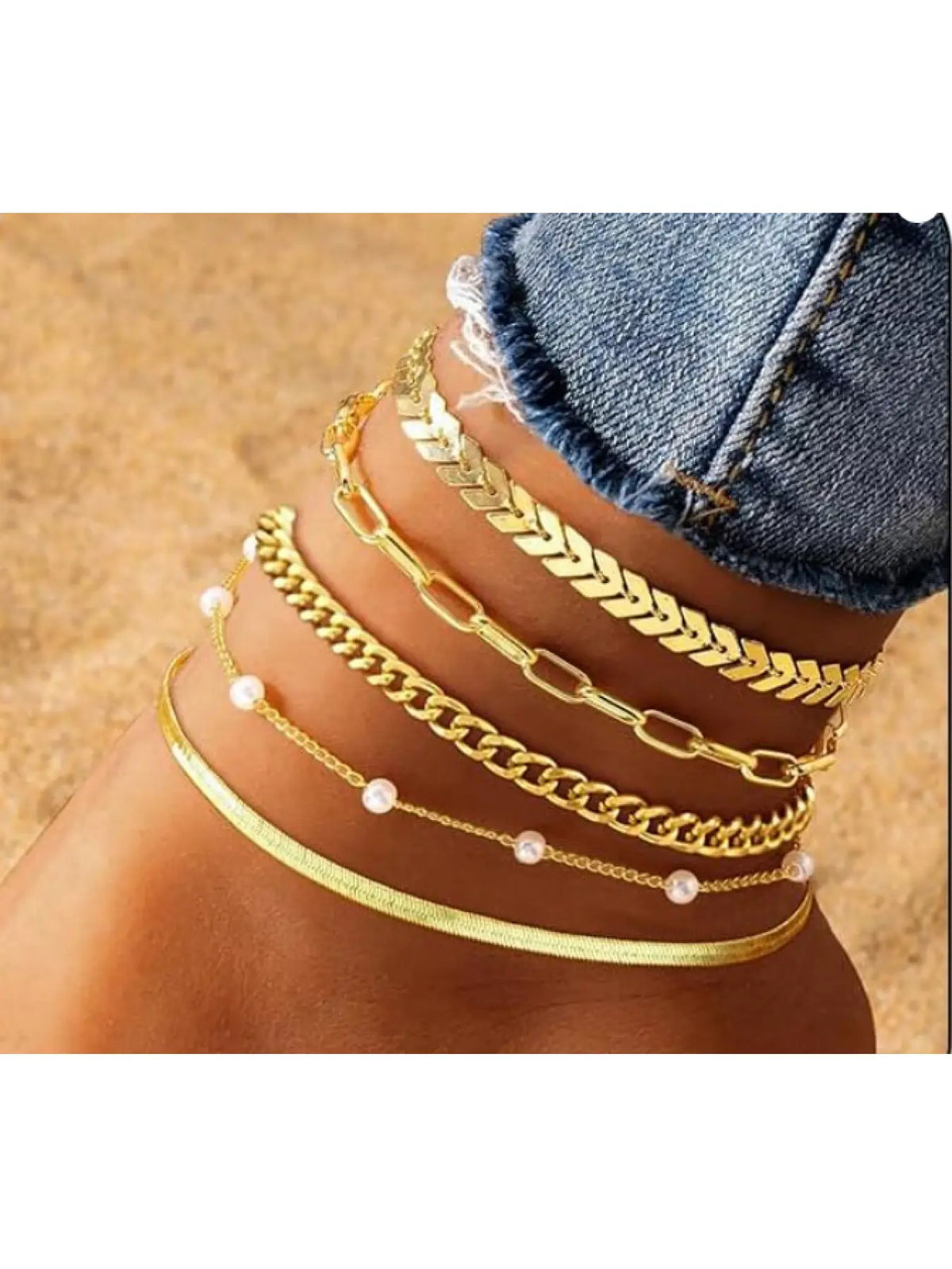5Pcs Gold Layered Anklet Set for Women, Mixed Chevron Paperclip Cuban Pearl Chain Ankle Bracelets, Boho Dainty Stackable Anklets for Summer Beach Vacation Party Birthday Jewelry Gift, Fashionable Jewelry Accessories, Fashion Accessories