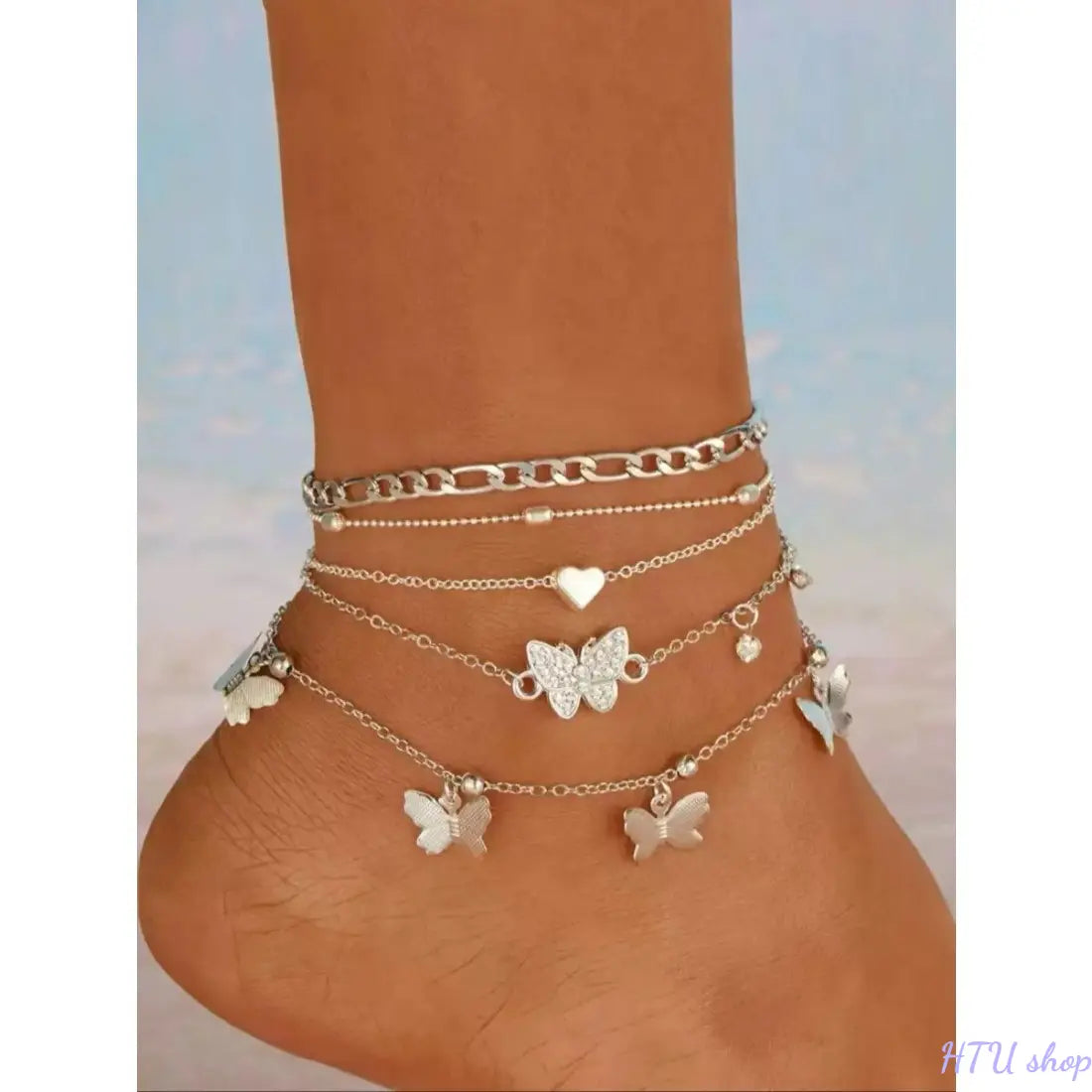 Set of 4 Boho Anklets for Women, Multi-Layer Beaded Anklet Set with Butterfly, Heart & Minimalist Designs, Embellished with Sparkling Synthetic Diamonds, Perfect for Summer Holidays, Beach Parties & Bikini Outfits, Dainty Layered Anklet, Foot Jewelry