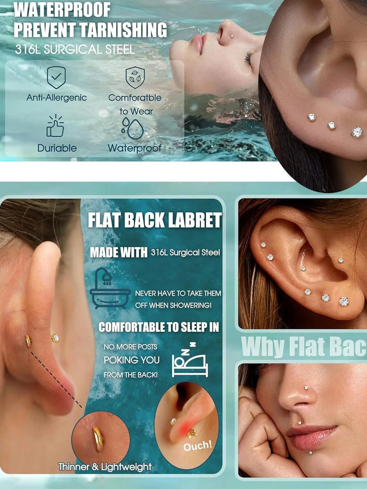 Rhinestone Decor Nose Studs, Stainless Steel Nose Rings, Body Piercing Jewelry for Women & Men, Trendy All-match & Exquisite Jewelry for Birthday Gift, Chic Body Jewelry