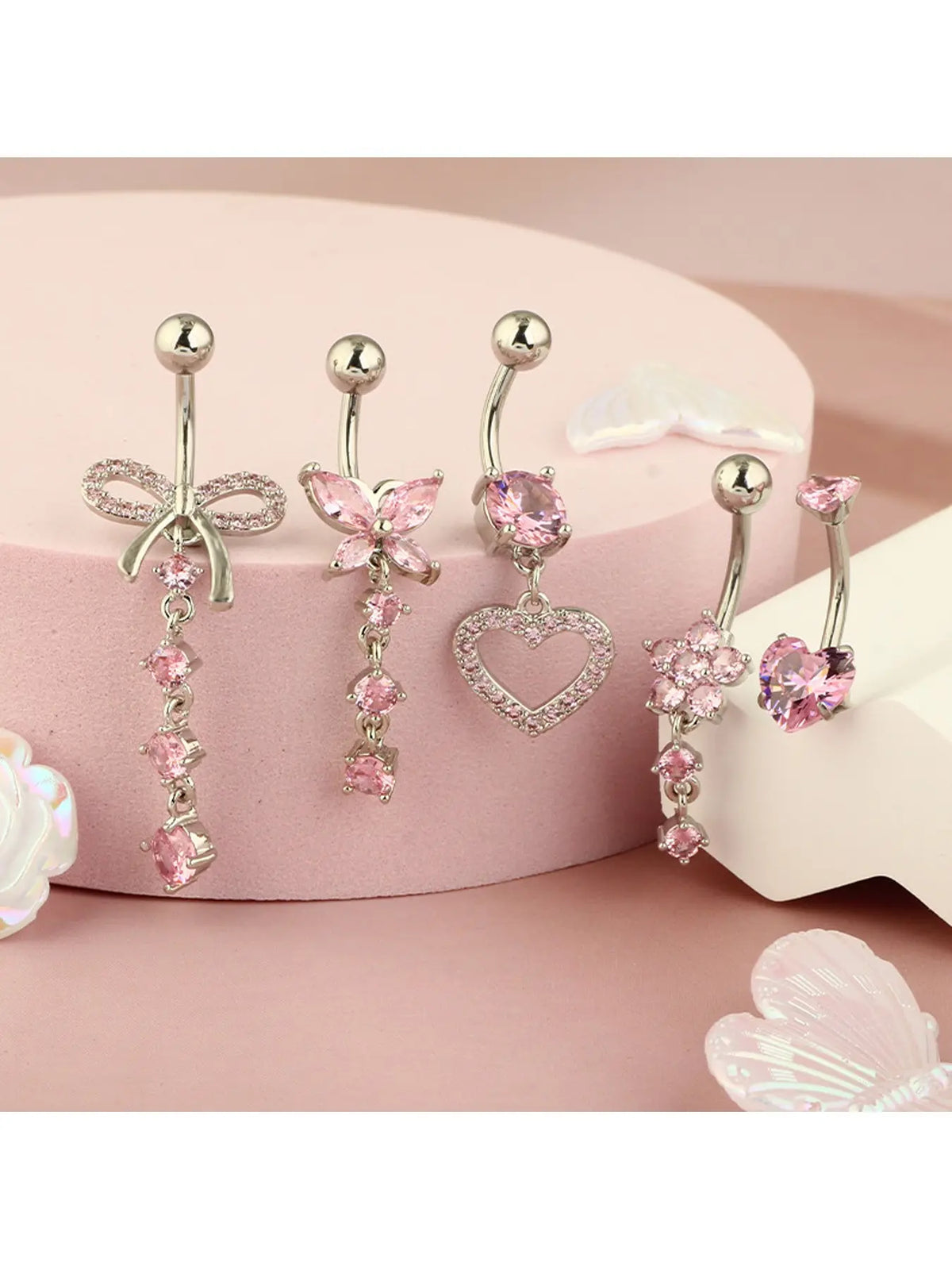 5 Styles Cubic Zirconia Dangle Belly Rings Kit, Hypoallergenic 316L Surgical Steel Long Drop Heart Hollow Heart Floral Butterfly Bow Navel Piercing Jewelry, Women Cute Body Belly Button Piercing Accessories For Women Body Jewellery