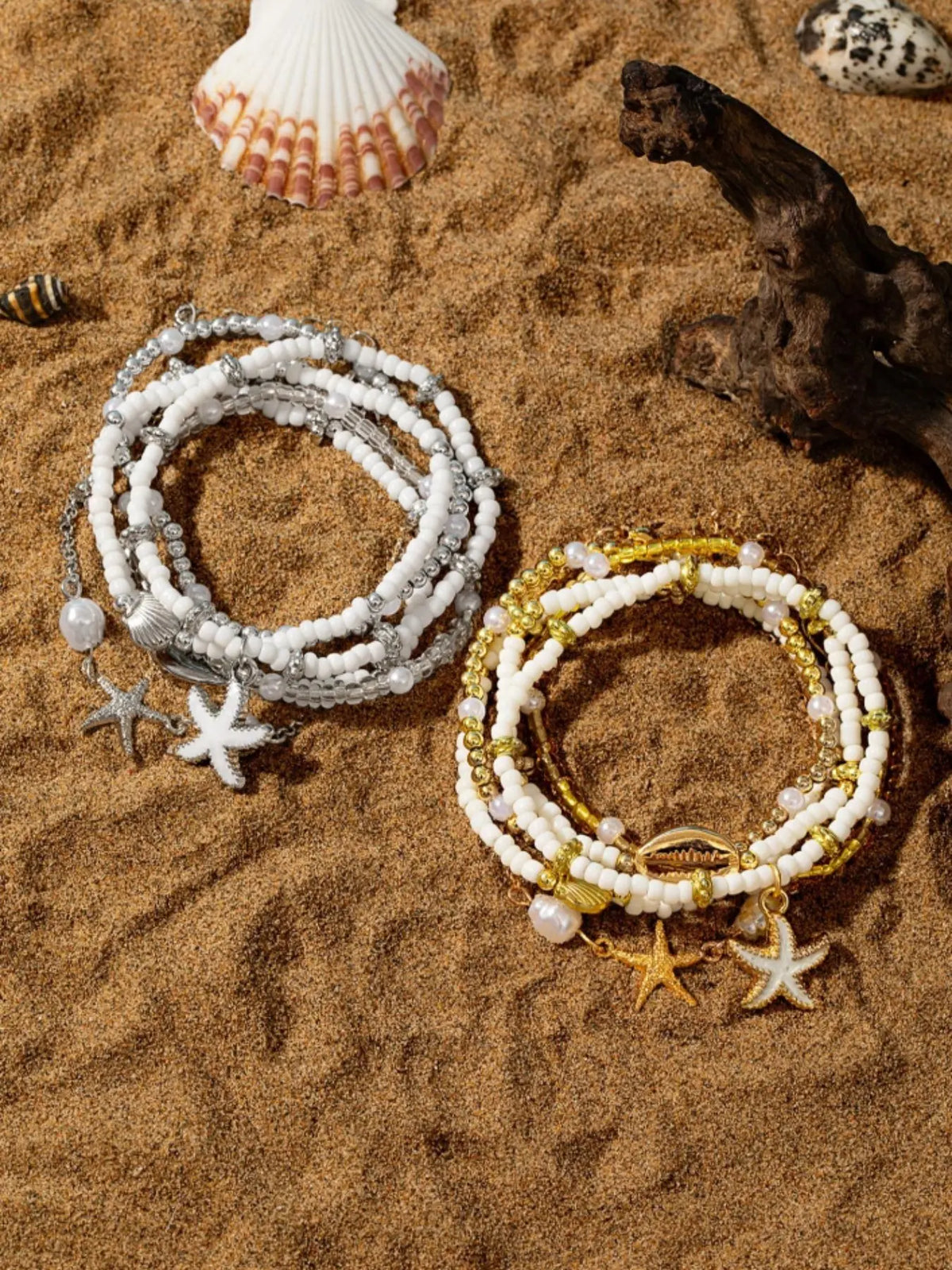6 Pcs Bohemian Beach Style Enamel Starfish Rice Bead Anklets, Multi-layered Shell Beaded Jewelry Anklets for Casual and Vacation Wear, Boho Anklet