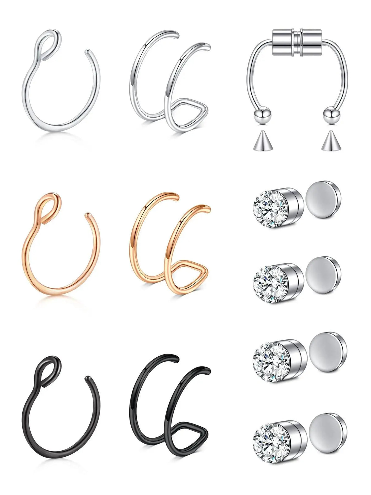 13pcs/set Rhinestone Decorated Faux Nose Rings, Stainless Steel Magnetic Nose Rings Set, Non-Piercing Body Jewellery for Women and Men, Fashion Accessories for Party and Daily Wear