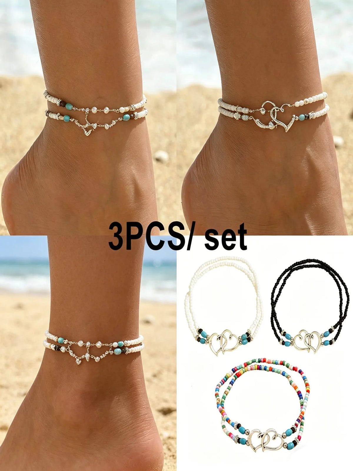 3PCS/Set Boho Anklet & Bracelet Combo, Turquoise & Shell Beads, Double Heart Accent, Thoughtful Gift for Her, Perfect for Summer, Birthdays & Boho Lovers, Lightweight & Comfortable, Ideal for Daily Wear, Vacation & Summer Outfits