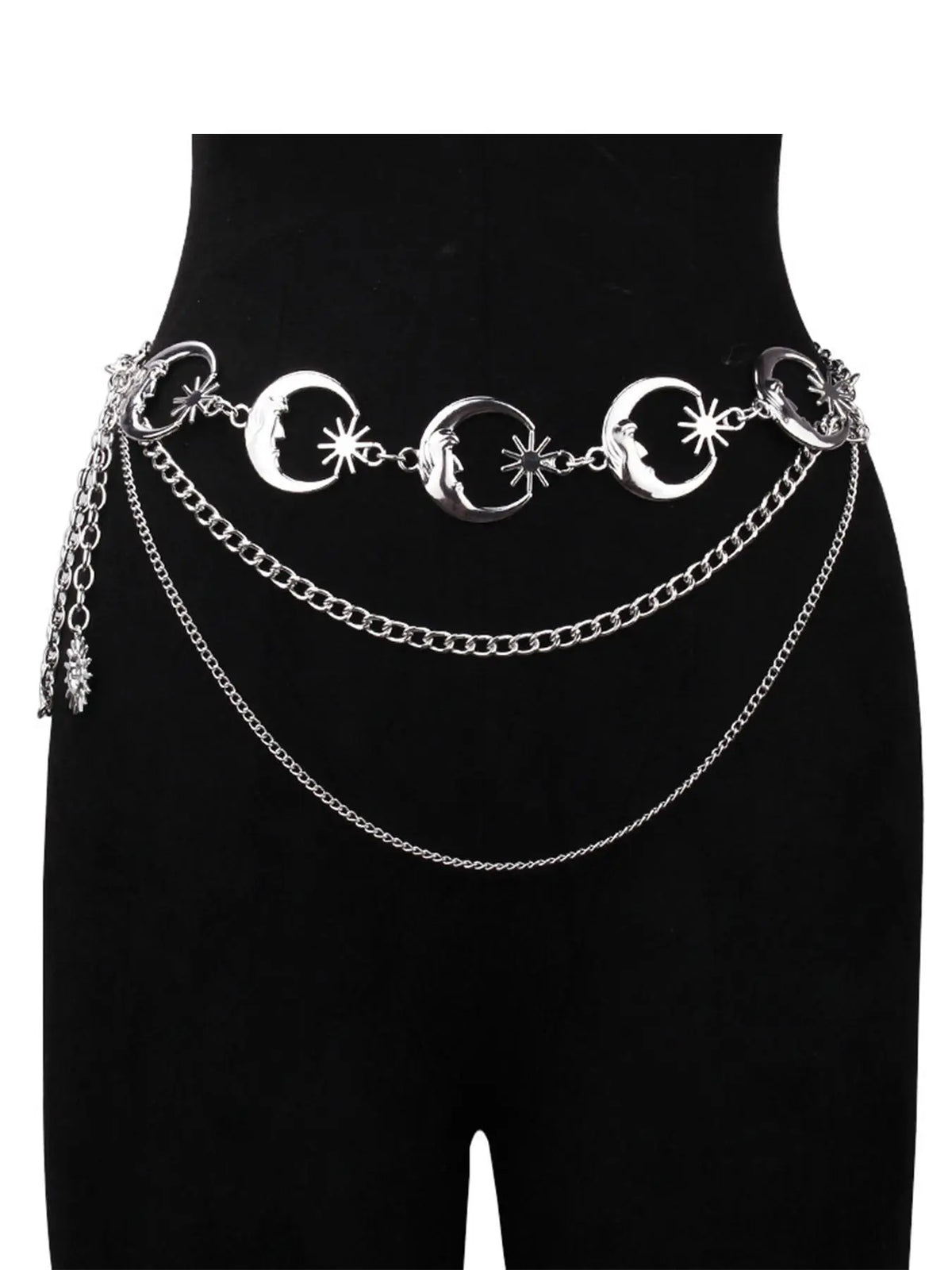 Women's Layered Metal Chain Belt, Gold‑Tone or Silver‑Tone Waist Chain with Moon and Sun Charms, Adjustable Decorative Body Jewelry for Dresses, Skirts, Parties, and Festival Outfits