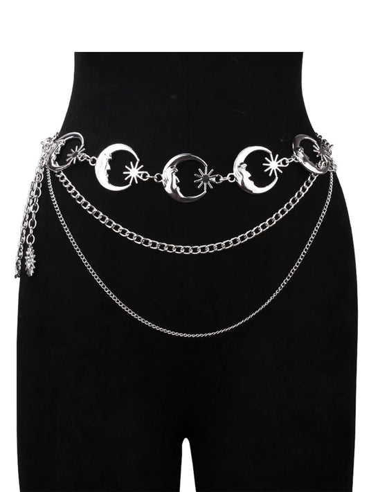 Women's Layered Metal Chain Belt, Gold‑Tone or Silver‑Tone Waist Chain with Moon and Sun Charms, Adjustable Decorative Body Jewelry for Dresses, Skirts, Parties, and Festival Outfits