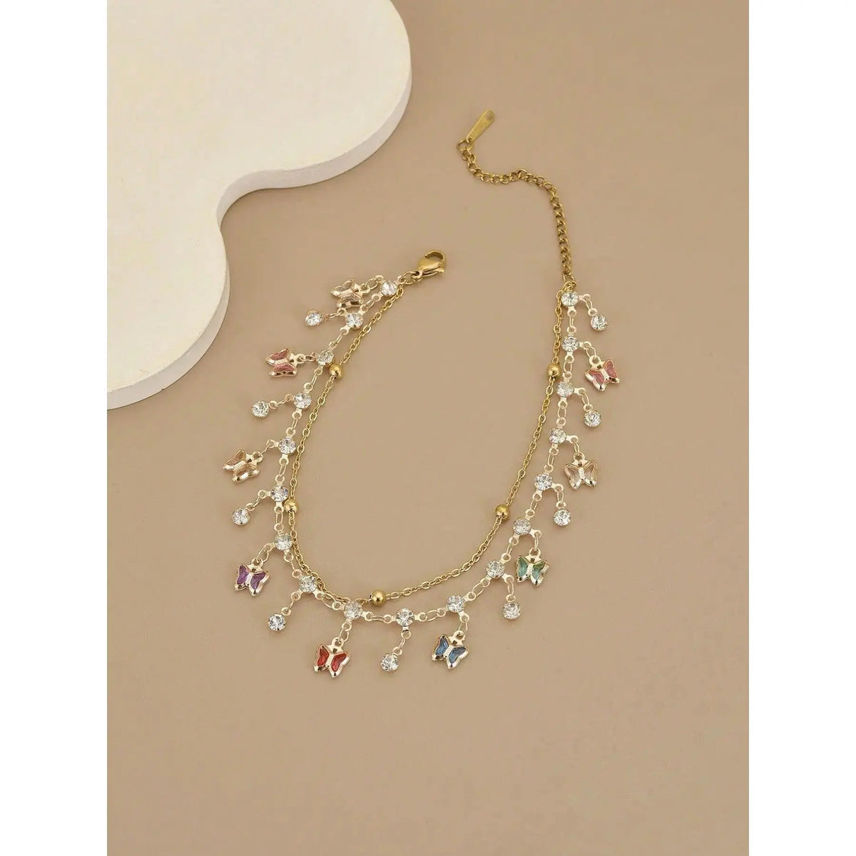 Women's Boho Layered Charm Anklet - Gold-Coated Metal Dainty Sparkling CZ Ankle Bracelet with Colorful Butterflies, Female Wear Fashion Chic Accessories with Boho Ankle Layers & Handmade Variation for Beach Weddings Summer