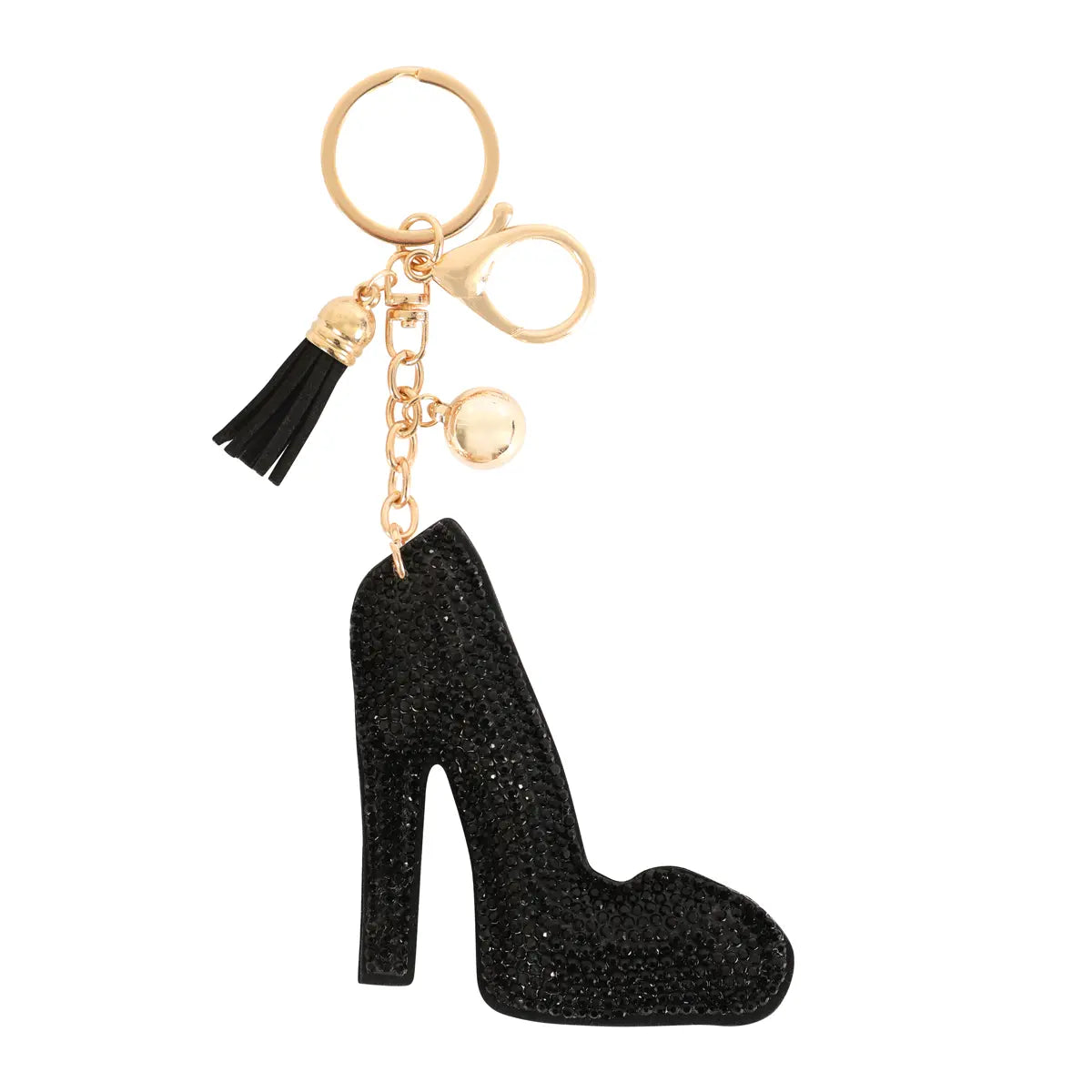 High Heels Rhinestone Tassel Keychain - Pink Glitter Shoe Charm with Gold Tone Hardware