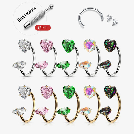 20G Titanium Heart Gems Horseshoe Nose Ring Free Auxiliary Tool Ball Holder Included - Piercing Jewelry