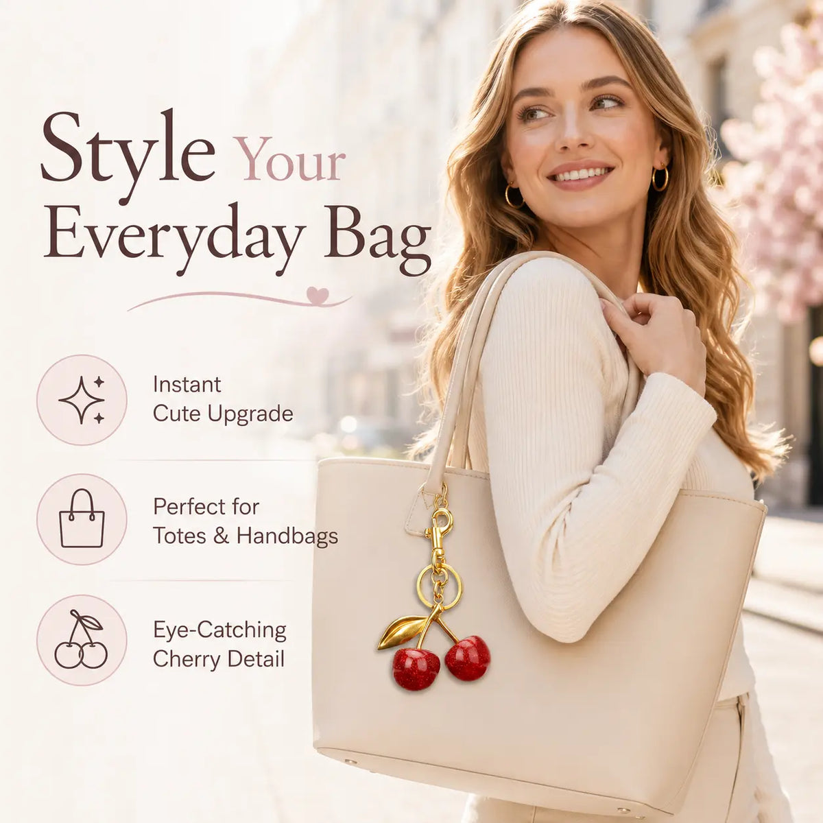 Graceful Enclave Cherry Keychain Bag Charm Cute-Elegant Leather Keyring for Women Adorable Accessory for Purses Handbags Car Keys Ideal Romantic Gift for Anniversary Wedding