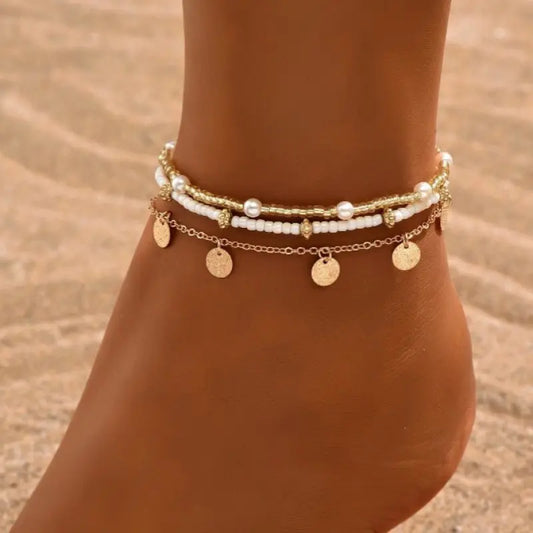 3Pcs Bohemian Rice Beads Anklet Set Multi-layer Ethnic Adjustable Handmade Seed Bead Women Ankle Chain Metal Round Piece Drop Foot Jewelry Vacation Travel Beach Bracelet Jewelry Stackable Foot Chain Set