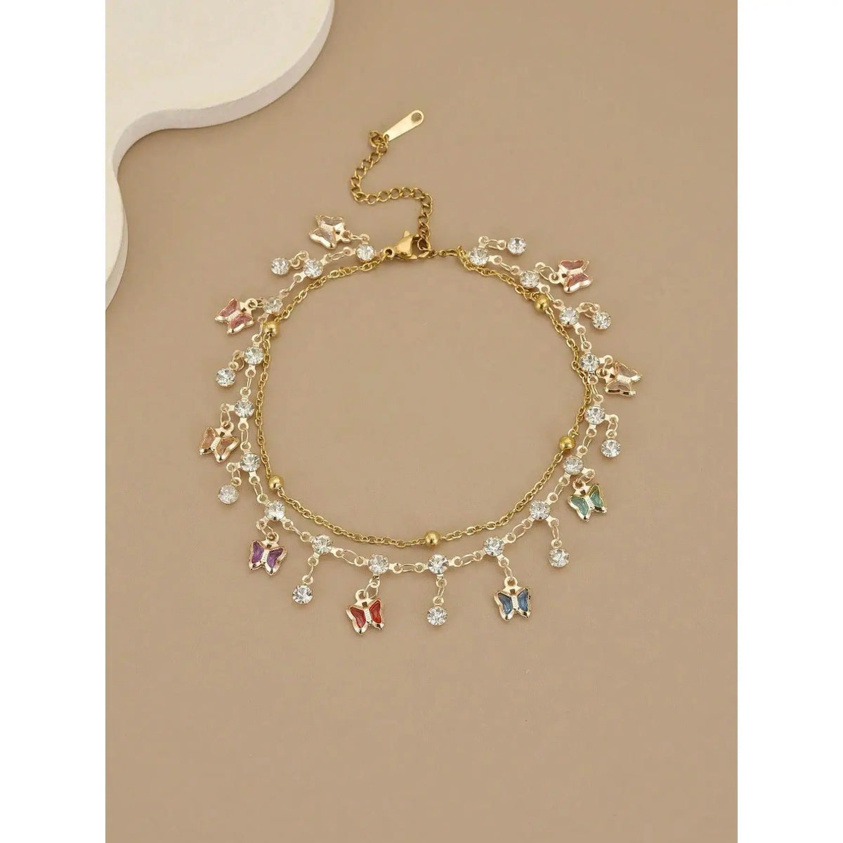 Women's Boho Layered Charm Anklet - Gold-Coated Metal Dainty Sparkling CZ Ankle Bracelet with Colorful Butterflies, Female Wear Fashion Chic Accessories with Boho Ankle Layers & Handmade Variation for Beach Weddings Summer