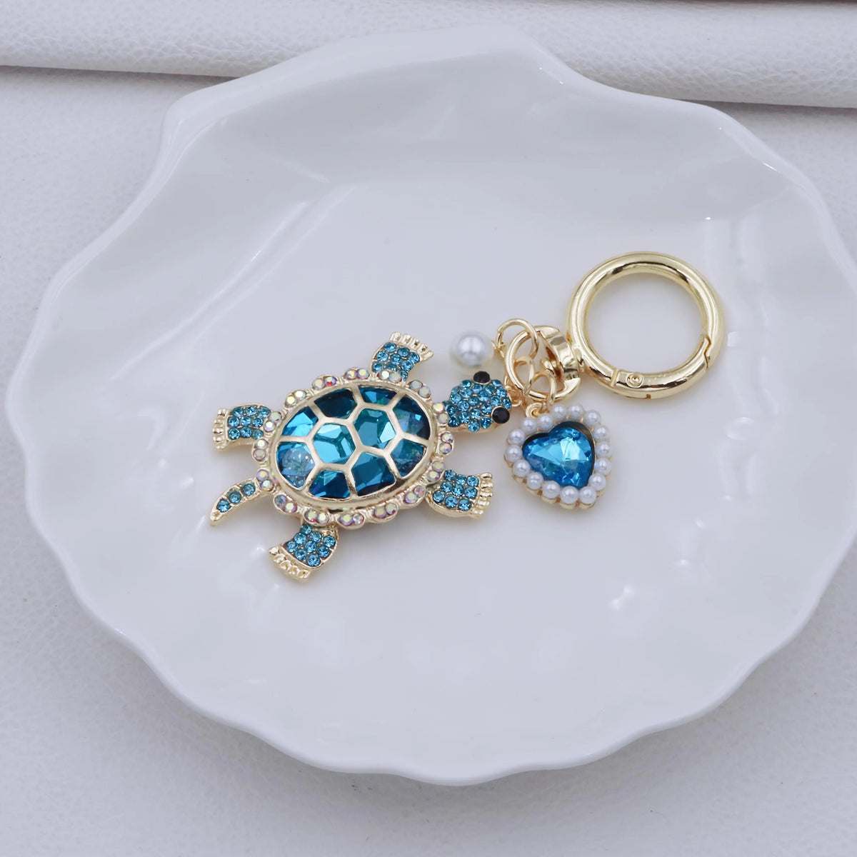 Women's Enameled Metal Cutecore Ocean Theme Charm Keychain - Kawaii Turtle Accessory with Pearl Accents, Bag Chain, Summer Beach Outfit Accent, Gifts for Women, Beachy Gift Idea