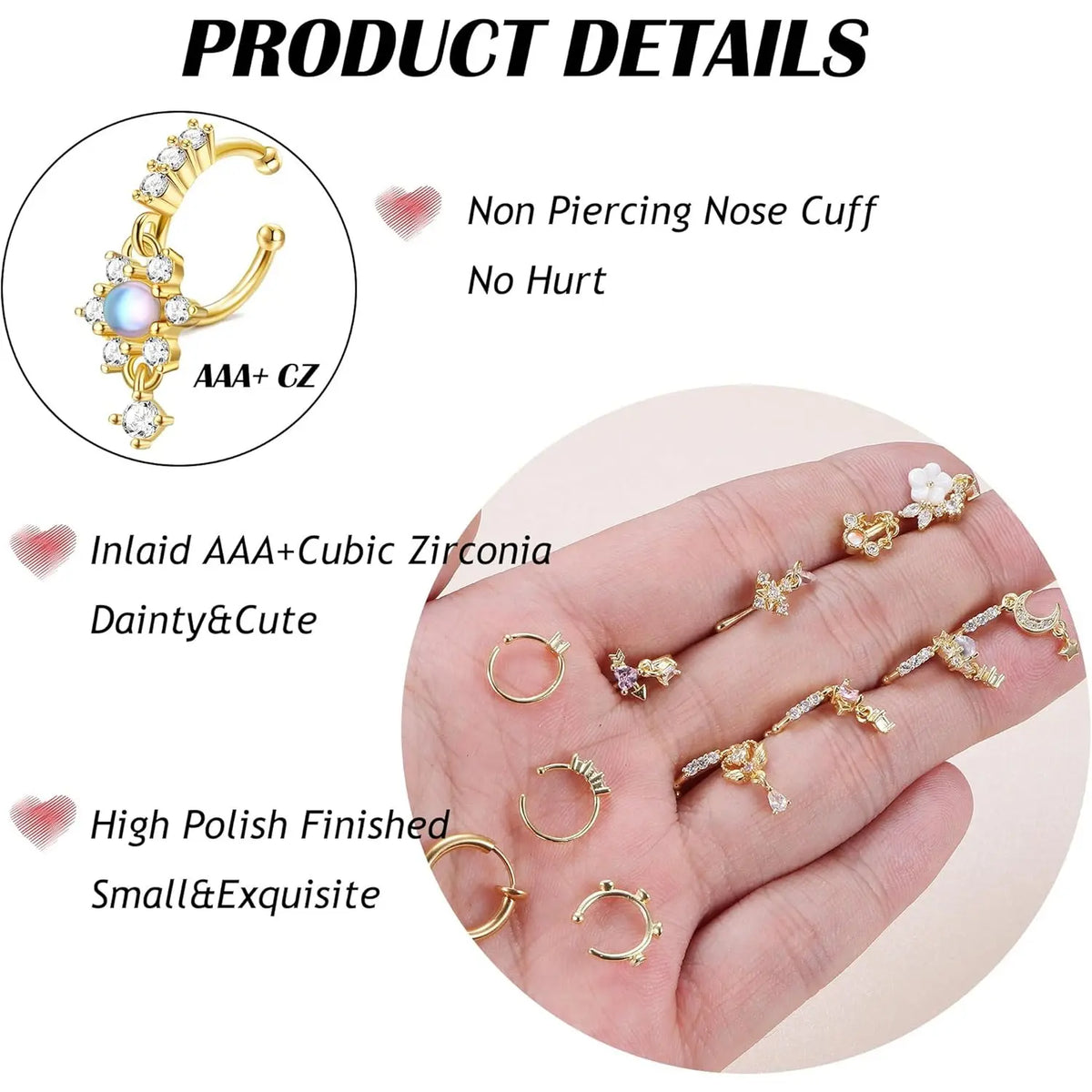 Adjustable Fake Piercings Set, 12-16Pcs Stainless Steel Non-Piercing Jewelry - Gold/Silver CZ Dangle Nose Cuffs, Hoop Clips for Women - Cartilage Tragus Nose Clips