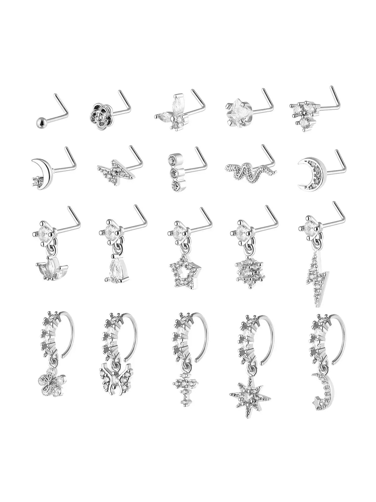 8/10/20 Pieces 20g Dangle Nose Ring, Nose Rings L Shaped, L-Shaped Hanging Stud, Stainless Steel, Cz Flower Pendant, Women's Nose Jewelry, All Seasons
