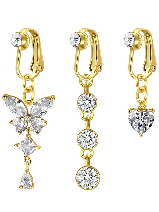 Women's Elegant Rhinestone Decor Fake Belly Button Rings Navel Ring, Exquisite Trendy Belly Piercing Jewelry with Butterfly & Heart Design, Fashionable for Women & Girls Body Jewellery
