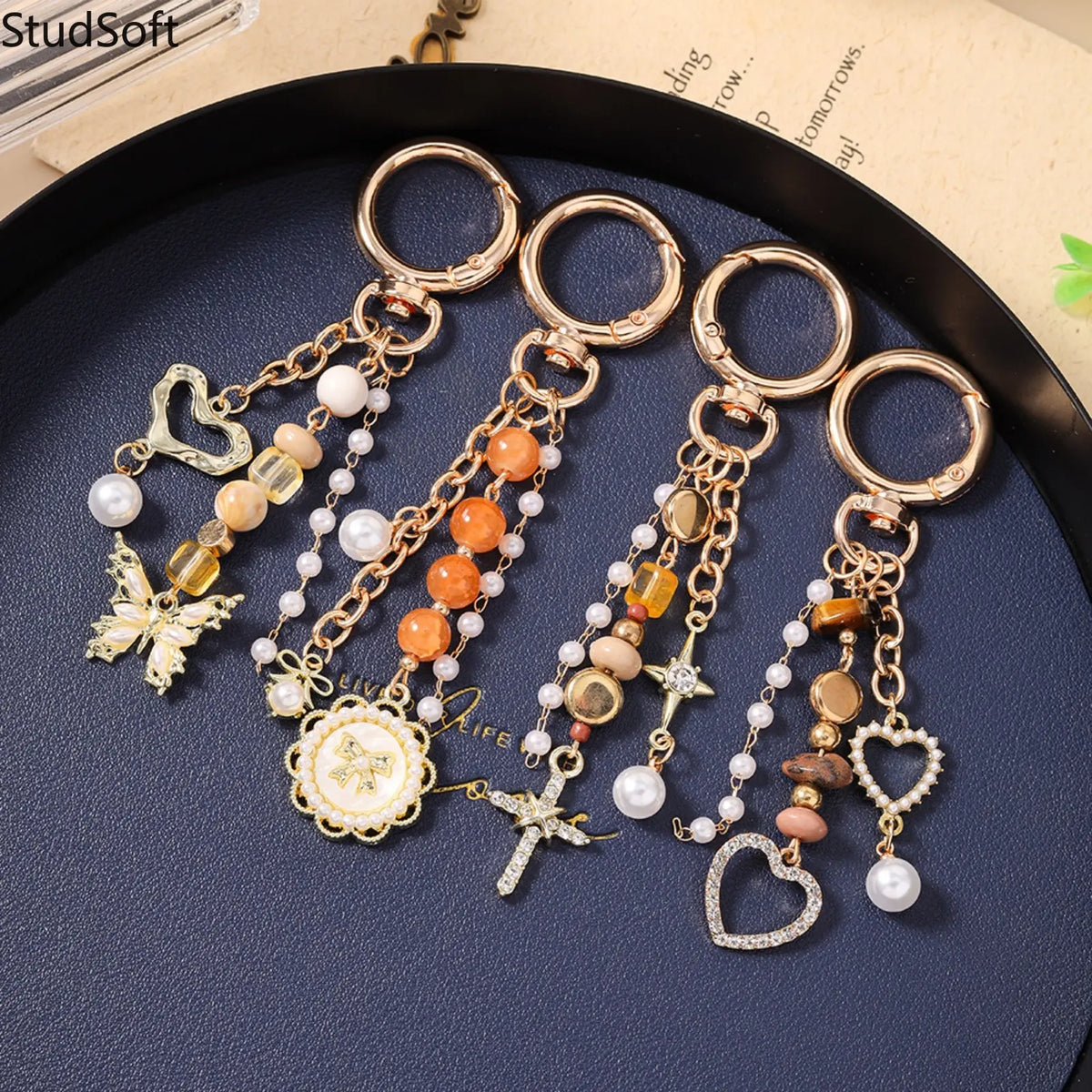 Beaded Wristband Keychain for Women, Funky Purse & Bag Charm with Butterfly, Heart, Cross, and Disc Pendants, Funky Unique Accessories, Cross Heart Disc, Multi-Pendant, Love, Whimsy, Charmful