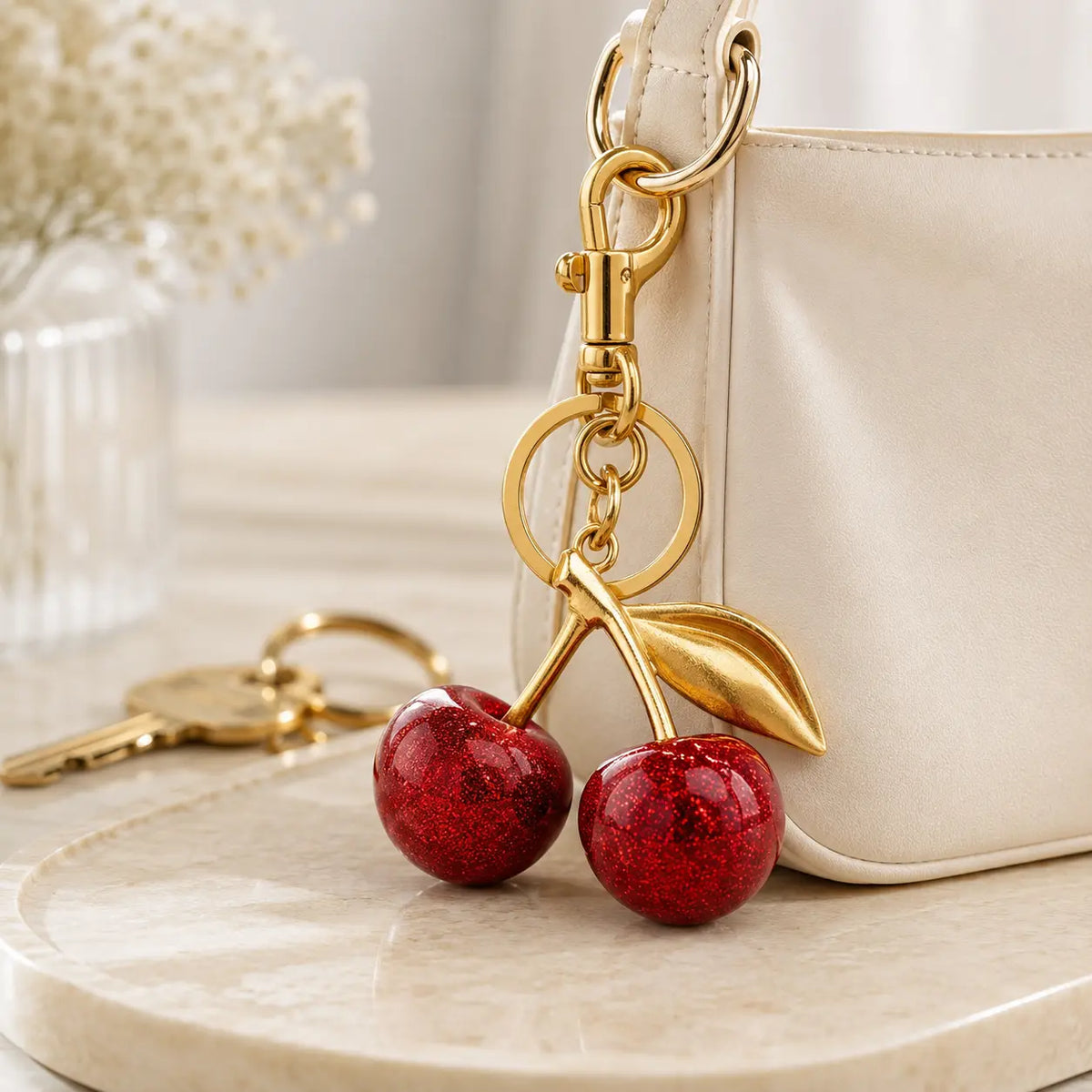 Graceful Enclave Cherry Keychain Bag Charm Cute-Elegant Leather Keyring for Women Adorable Accessory for Purses Handbags Car Keys Ideal Romantic Gift for Anniversary Wedding