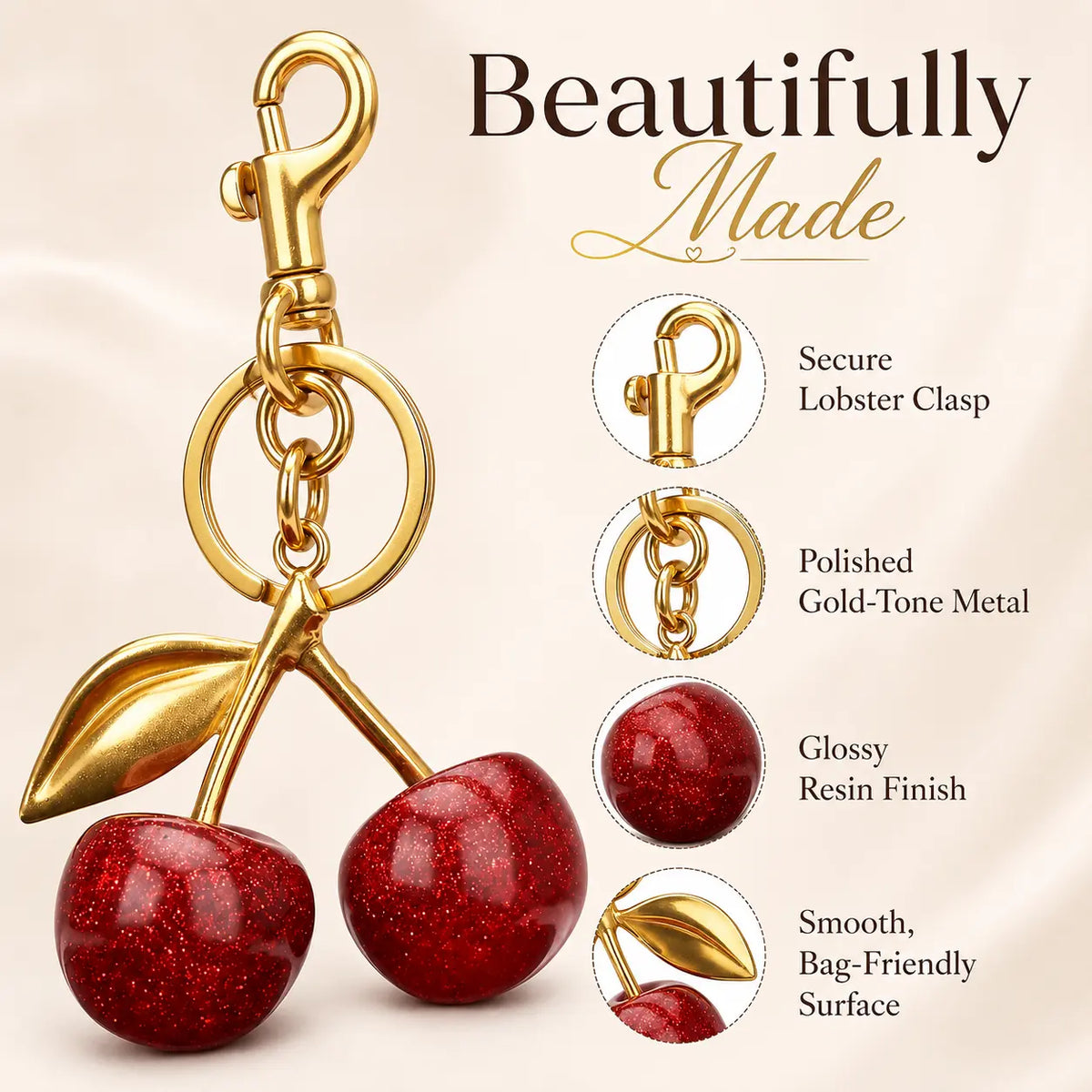 Graceful Enclave Cherry Keychain Bag Charm Cute-Elegant Leather Keyring for Women Adorable Accessory for Purses Handbags Car Keys Ideal Romantic Gift for Anniversary Wedding