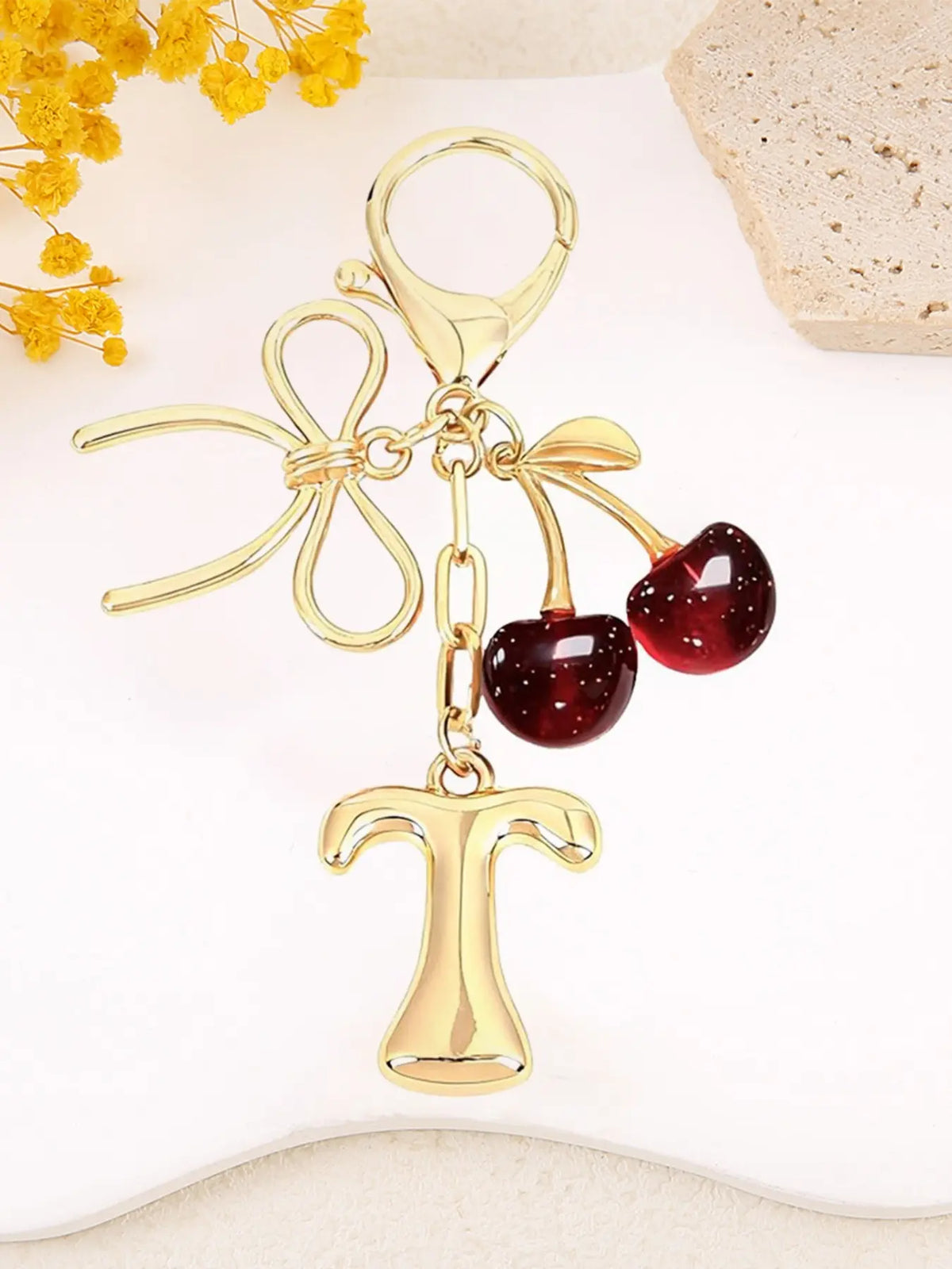 Women's Cherry Bow Letter Pendant Keychain, Cherry Design, Bow Accent, Casual Style Wallet, Handbag and Backpack Accessory, Keychain for Bags, Car Keychain for Students, Cherry Bow Keychains