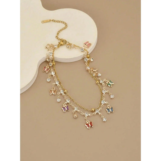 Women's Boho Layered Charm Anklet - Gold-Coated Metal Dainty Sparkling CZ Ankle Bracelet with Colorful Butterflies, Female Wear Fashion Chic Accessories with Boho Ankle Layers & Handmade Variation for Beach Weddings Summer