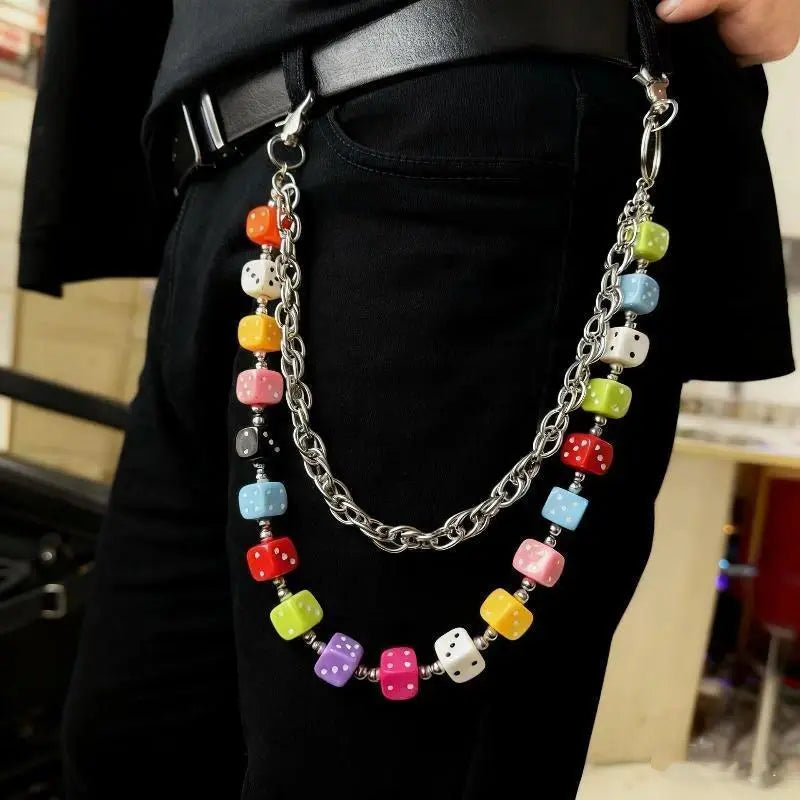 Unisex Punk Hip Hop Waist Chain - Double-Layer Acrylic Fiber Dice Punk Pant Accent, Funky Fashion Body Jewelry, Anniversary Gift Chain Accessory for Pants