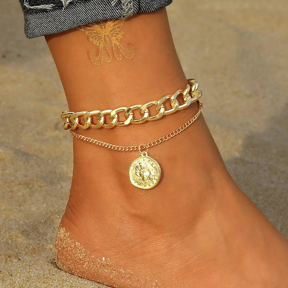 Female Women's Layered Gold Nylon Anklets Set - Retro Coin, Star, Butterfly Heart, Boho Pearl, Infinity Pendant Fashion Chic Accessories, Trendy Wearable Jewelry, Elegant Beach Summer Holiday Gift