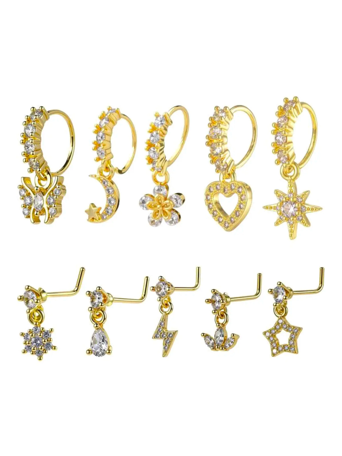 8/10/20 Pieces 20g Dangle Nose Ring, Nose Rings L Shaped, L-Shaped Hanging Stud, Stainless Steel, Cz Flower Pendant, Women's Nose Jewelry, All Seasons