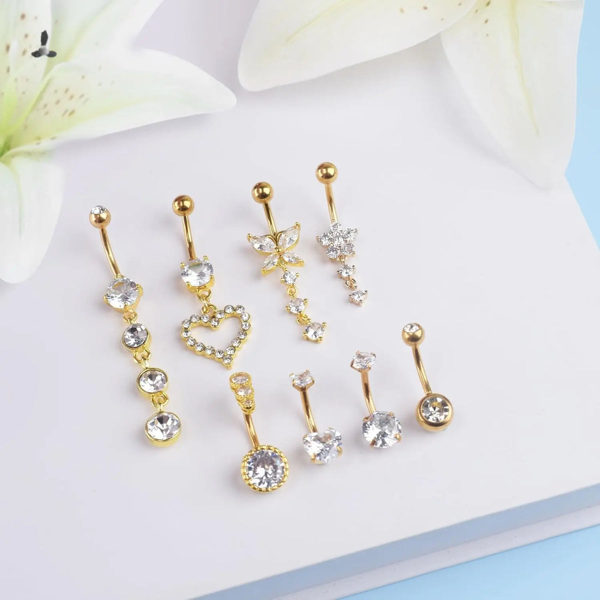 Belly Button Rings 4/5/8-Piece Stainless Steel Dangle Set - 14g Heart Design, Easy Screw On, Multiple Styles Navel Piercing Accessories