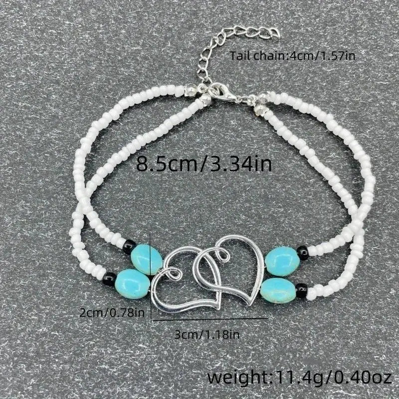 Women's 4-Pcs Multicolor Boho Chic Ankle Bracelet Set - Trendy Jewelry for Women, Shimmering Resin Beads, Hollow Hearts, Elastic Adjustable Bag Charm Accessory for Casual Beach Wear