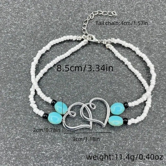 Women's 4-Pcs Multicolor Boho Chic Ankle Bracelet Set - Trendy Jewelry for Women, Shimmering Resin Beads, Hollow Hearts, Elastic Adjustable Bag Charm Accessory for Casual Beach Wear