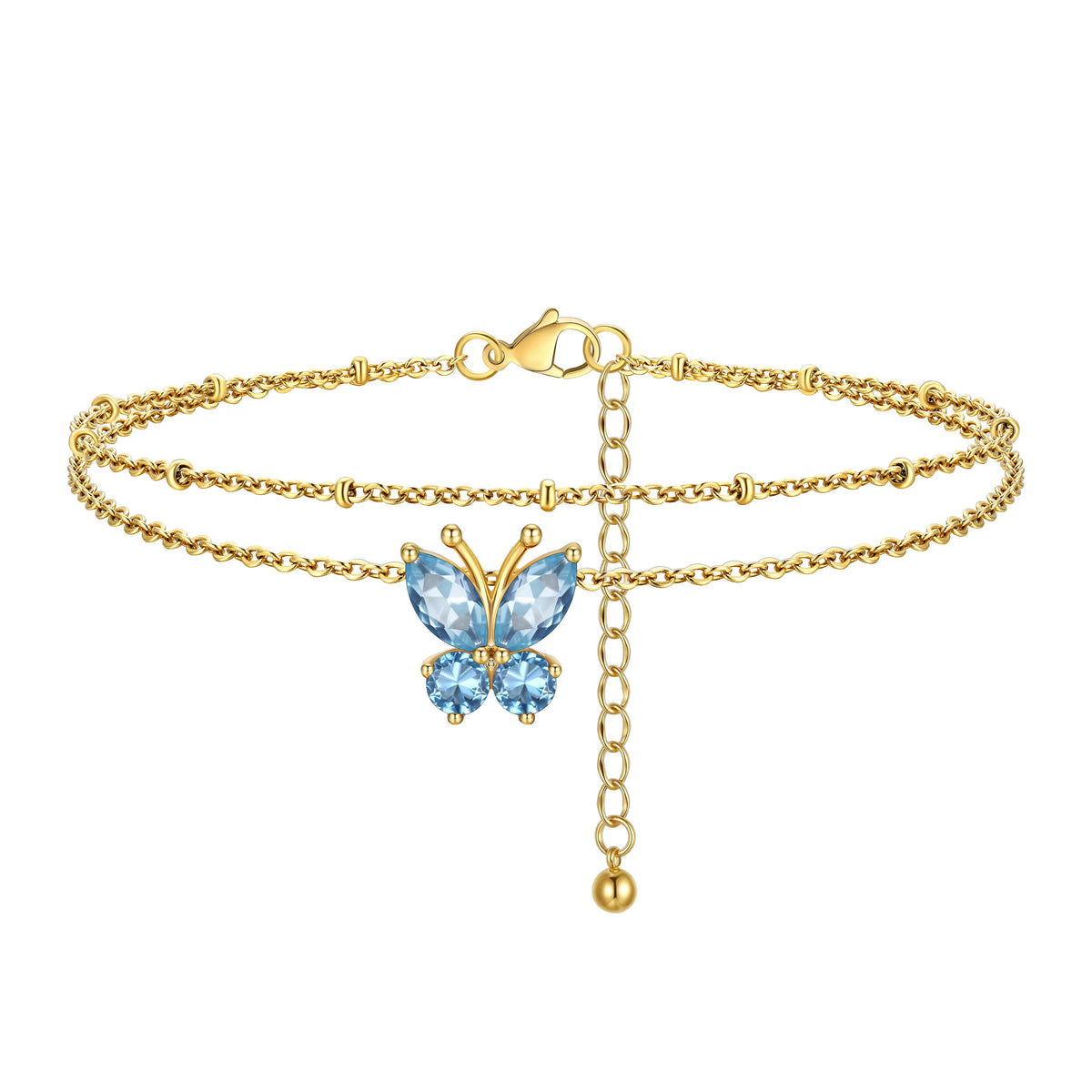 FindChic Women's Trendy Fashionable Accessories 2-Layered Non-Tarnish Tarnish-Proof Butterfly Birthstone Anklet, Zircon-Inlaid Cubic Zirconia Bling Jewellery for Adults, Summer Beach Daily Gift Ankle Bracelet