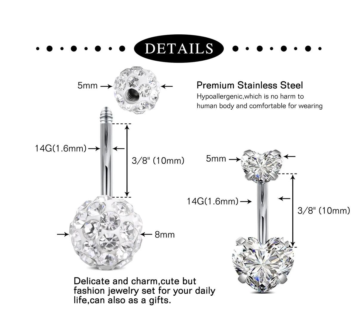 14G Belly Button Ring 7PCs/set Belly Button Piercing Stainless Steel Belly Rings