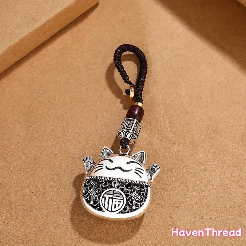 Unisex Chinese-Style Fortune Cat Keychain with Keyring Loop - Jewelry Pendant, Copper Coin Detail, Metal-Coated Wood Cartoon Charm, Ethnic Minimalist Look Modern Adjustable DIY Luggage & Bags Accessory, Fun Daily Carry Add-On