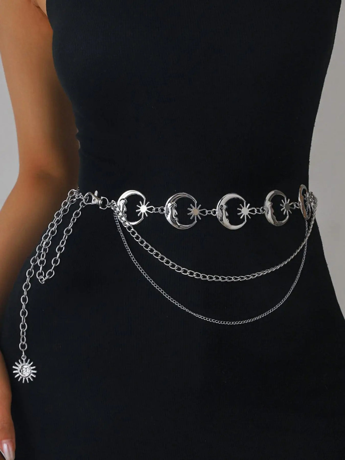 Women's Layered Metal Chain Belt, Gold‑Tone or Silver‑Tone Waist Chain with Moon and Sun Charms, Adjustable Decorative Body Jewelry for Dresses, Skirts, Parties, and Festival Outfits