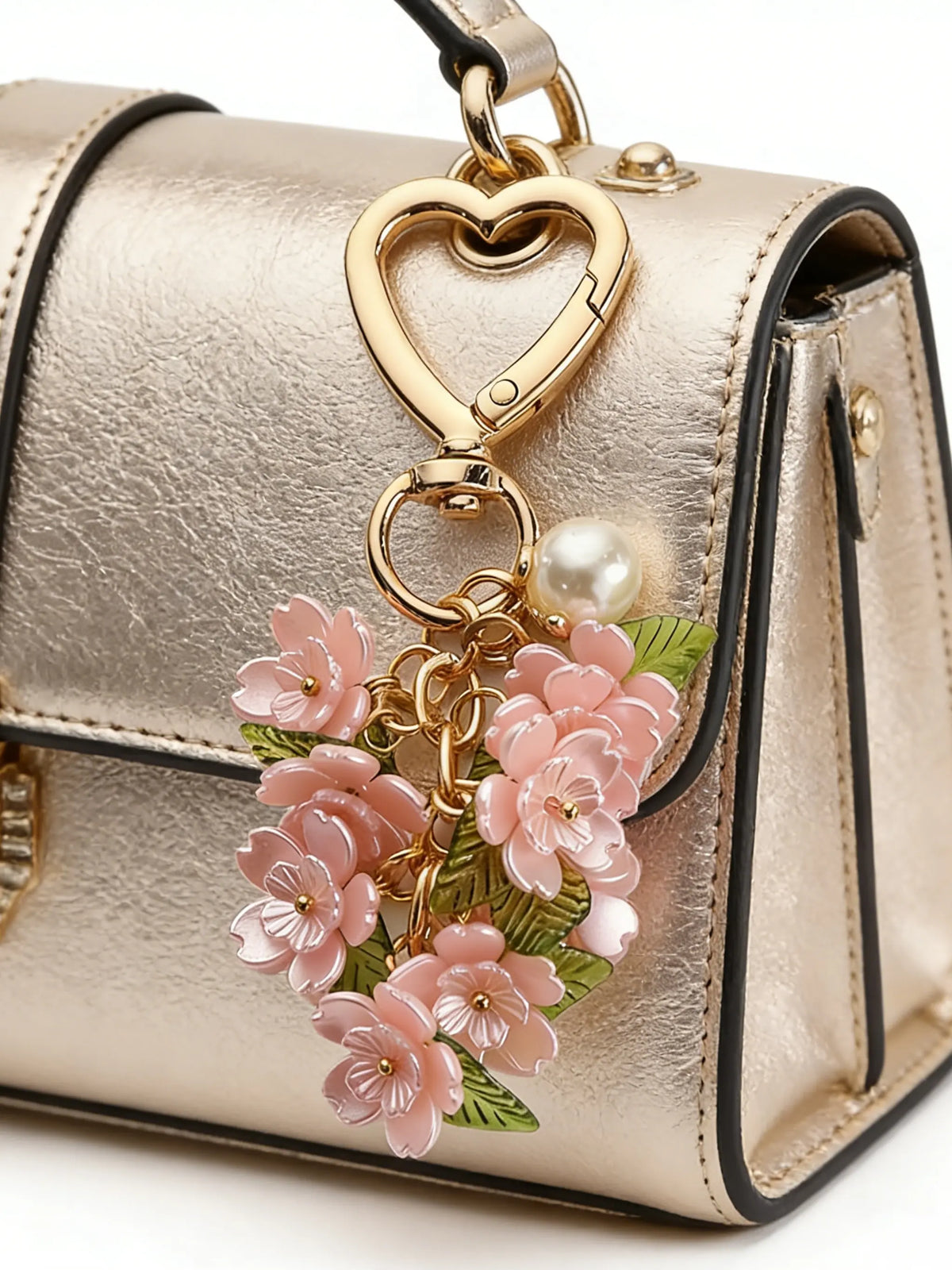 Romantic Heart-Shaped Cherry Keychain, Pink Enamel Cherry Blossom Pendant, Trendy Cute Keychain, Faux Pearl & Flower Clusters Bag Charm Keyring Accessory Valentine/Mother's Day, Aesthetic Keychain